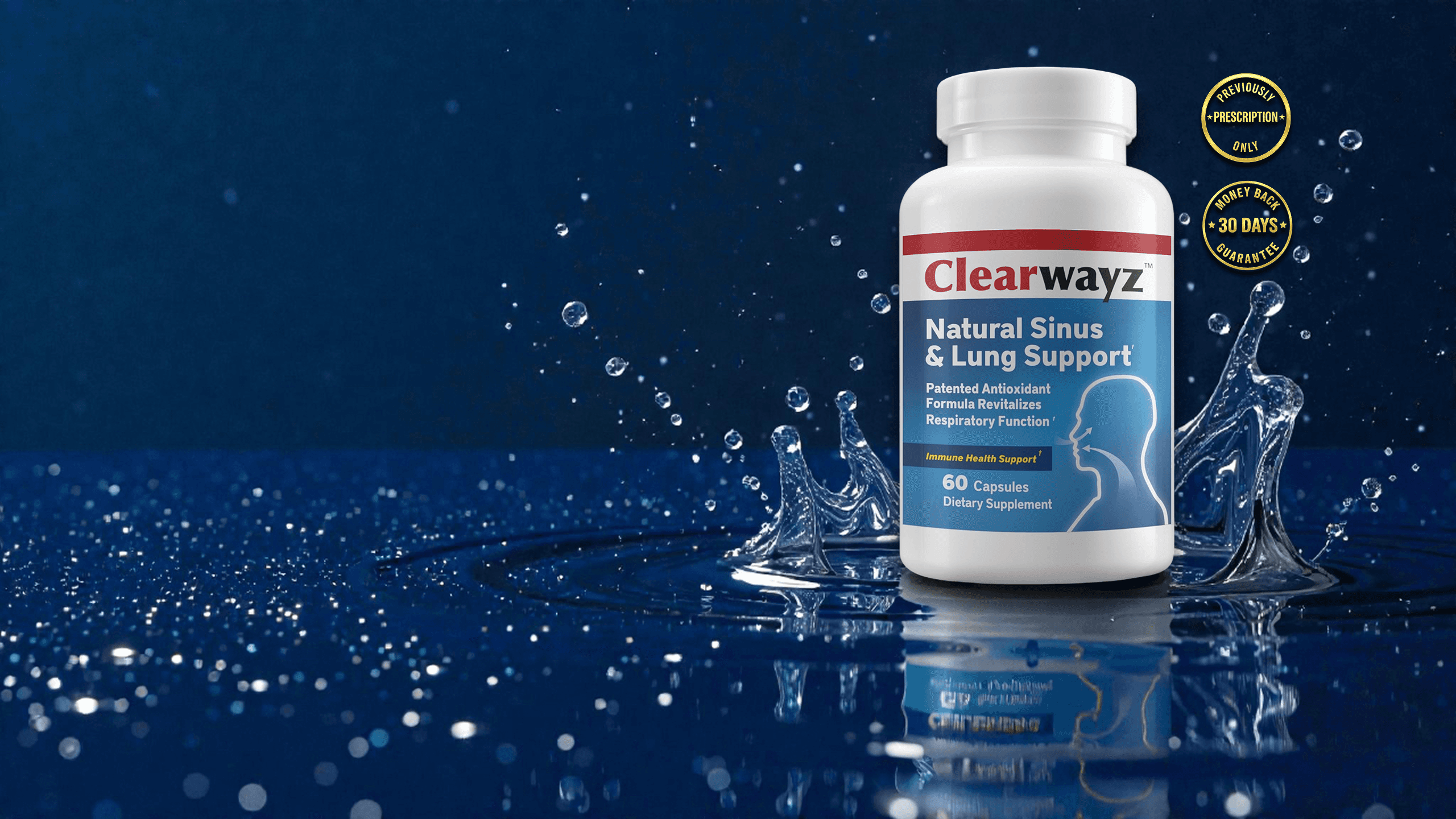Clearwayz Natural Sinus & Lung Support bottle in splashing water